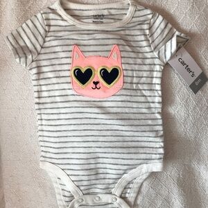 NEW Onesie White w/ Grey Stripes and Bright Coral Pink Kitty Size 6 Month